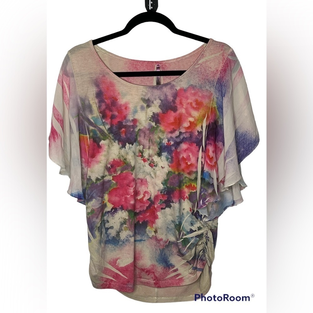 Expresso Floral Bell Sleeve Clingy Top Sz M